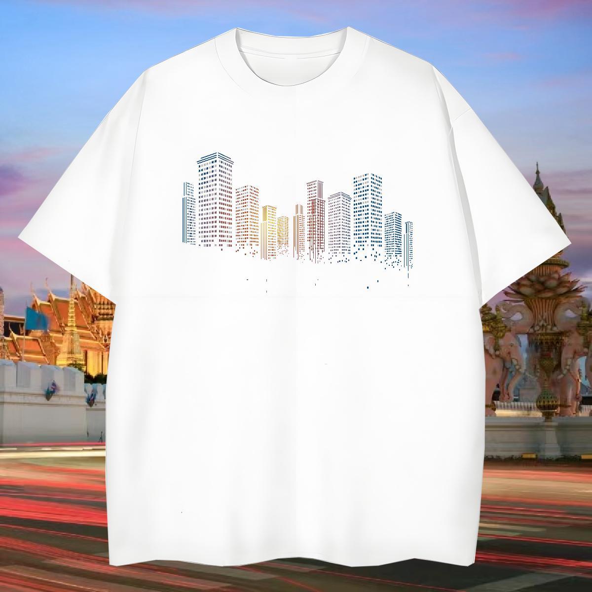 Casual New T Shirts Men 230g 100% Cotton Tall buildings Casual Daily Wear Tees Round Neck Short Sleeve High Quality Men Tshirts Custom Big Size