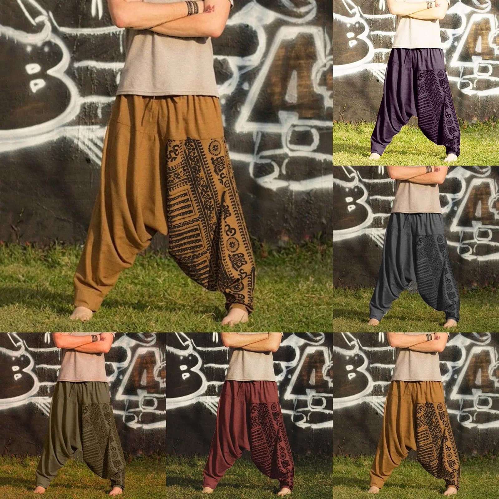 Nationality Style Pants Mens Oversize Baggy Long Casual Print Loose Large Size Trousers Harem Man 240806