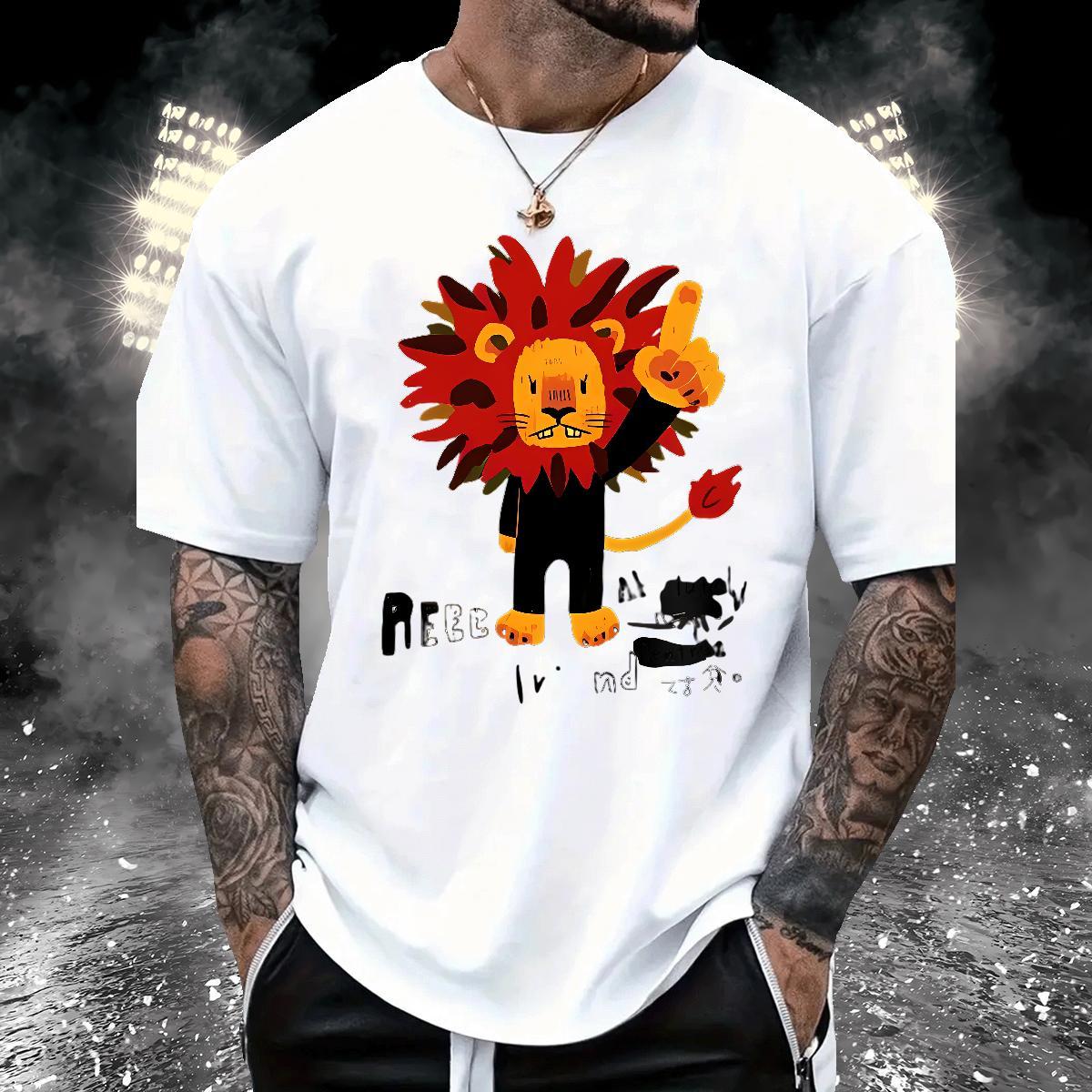 Brand Mens Tshirts 230g 100% Cotton lion T shirt Daily Outfit Breathable Crew Neck Cartoon Printing L-4XL Stylist Tops Shirt