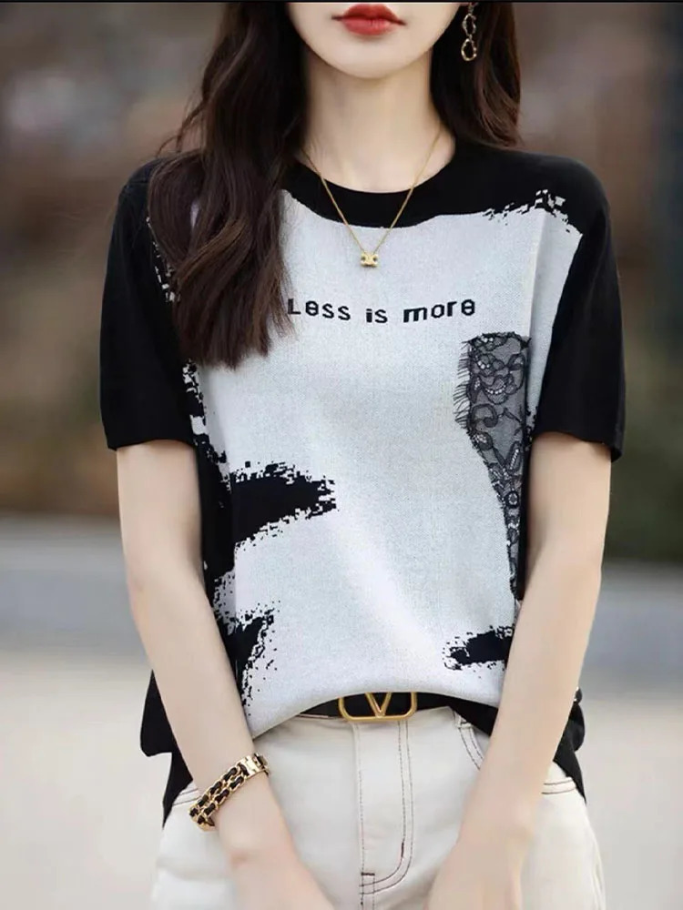 Summer High Quality Ice Silk Contrast Ink Painting Jacquard Fashion Western Knitted Short sleeved Womens T-shirt Bottom Top 240806