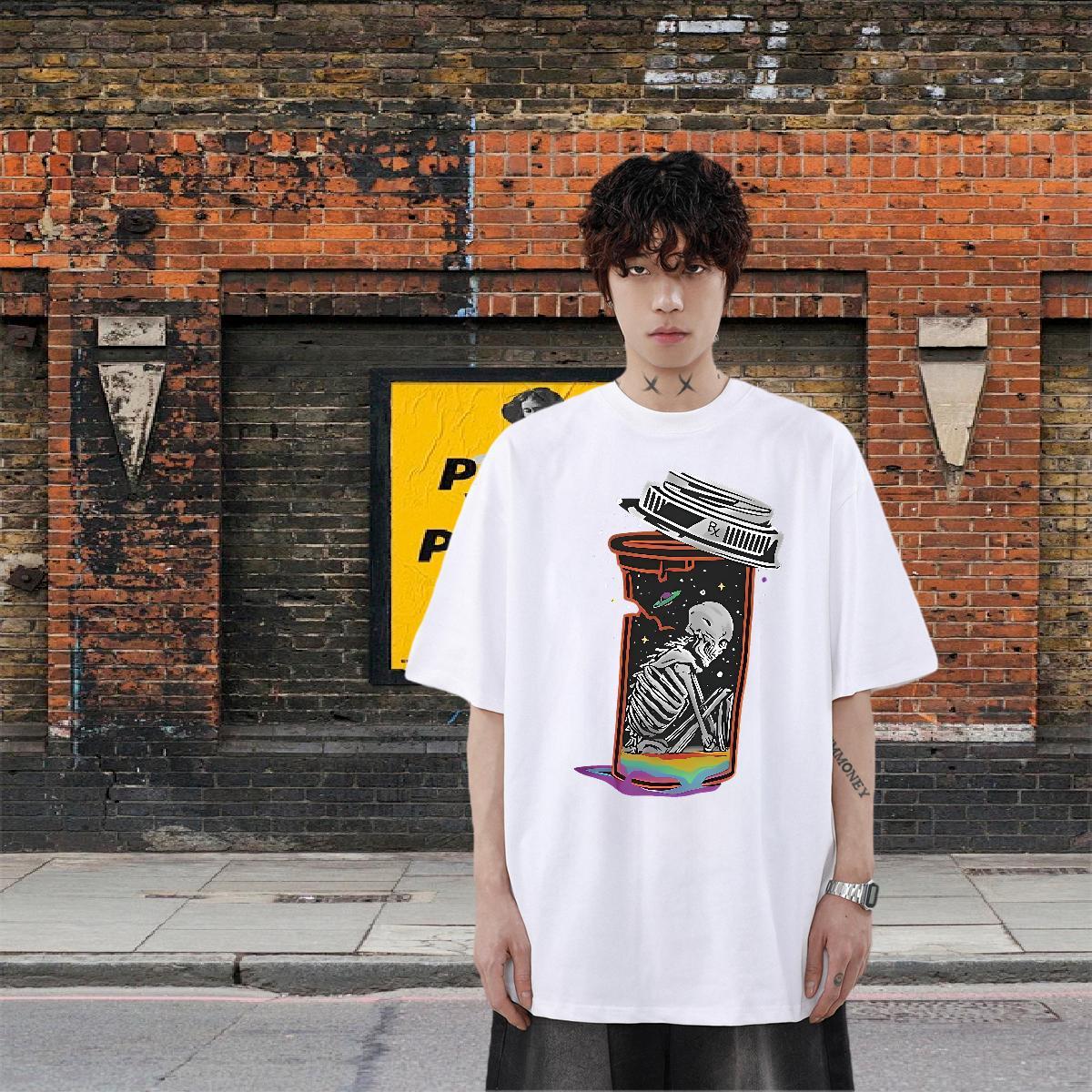 2024 Summer T-Shirts for Men 230g Pure Cotton skull Street Polos Crew Neck Breathable High Quality Men Tshirts Floral Print