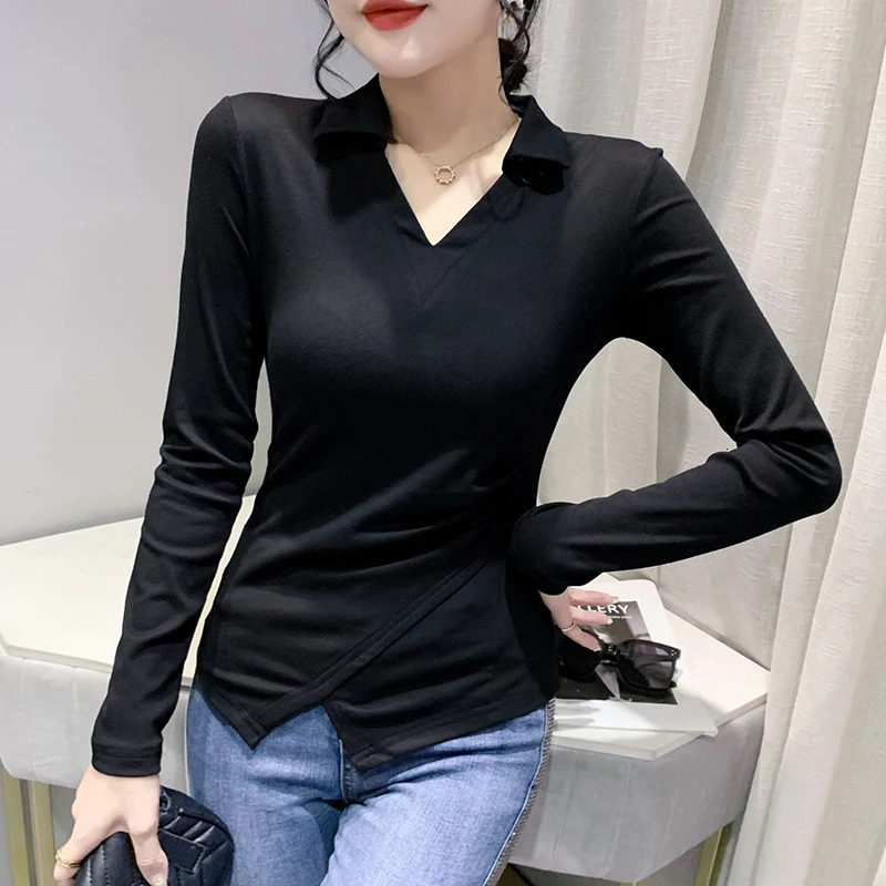 Fall Winter European Clothes T-Shirt Women Fasion Sexy POLO Collar Irregular Split Tops Long Sleeve Casual Tees 37083 240806