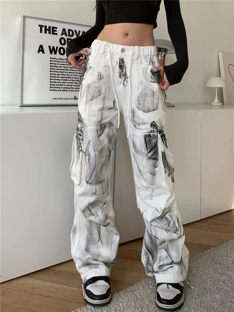 Womens White Cargo Jeans Y2k 90s Vintage High Waist Wide Leg Denim Trousers Harajuku Baggy Jean Pants 2000s Trashy Clothes 240806