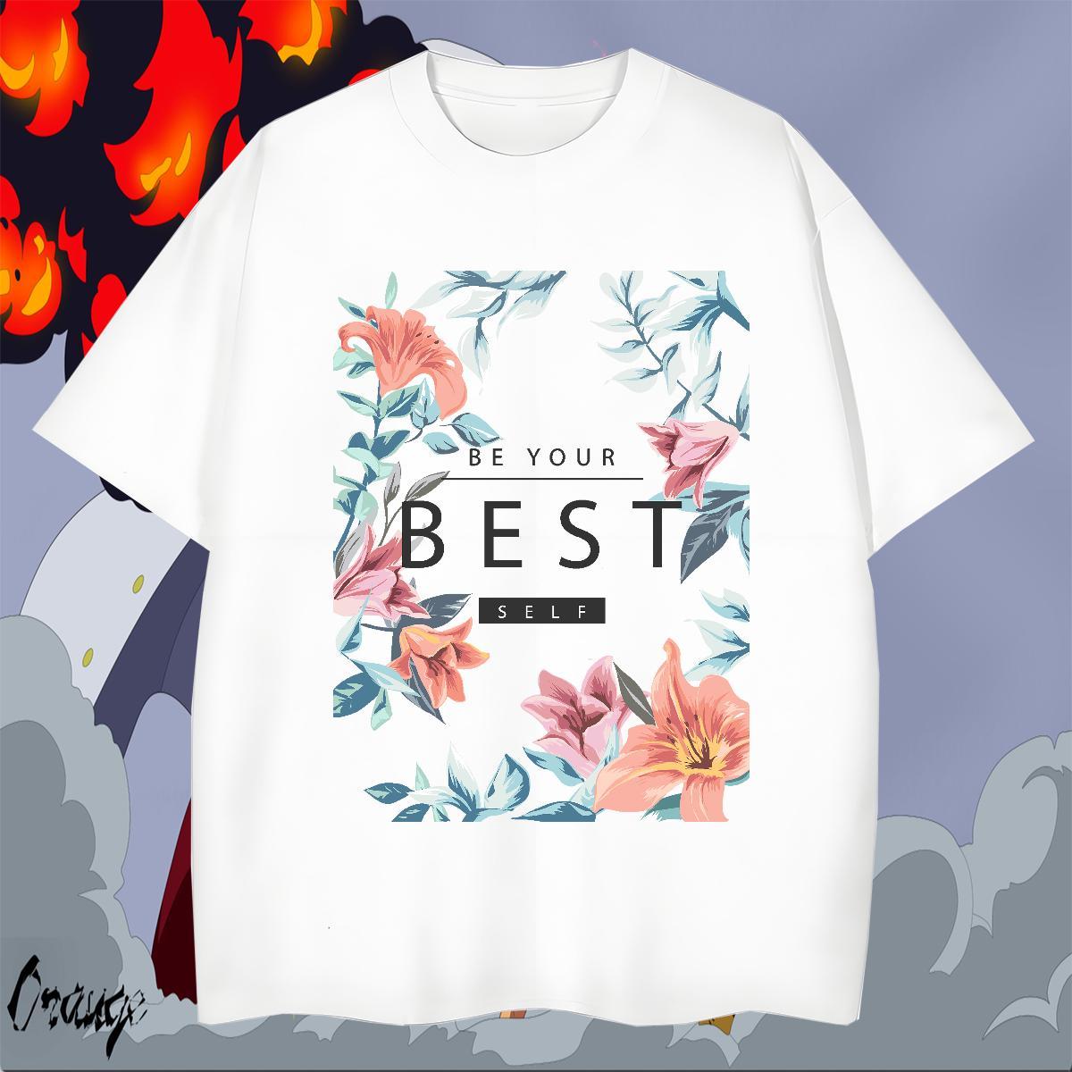 Classic Men Tops Tees 230g Pure Cotton Casual Beach flower Skull Breathable Crew Neck Customized T shirt Tee Shirt
