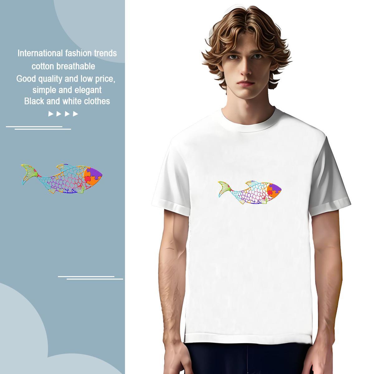 Men T Shirts 230g 100% Cotton fish Street Casual Breathable Customized Tshirts 2024 New Popular Clothes