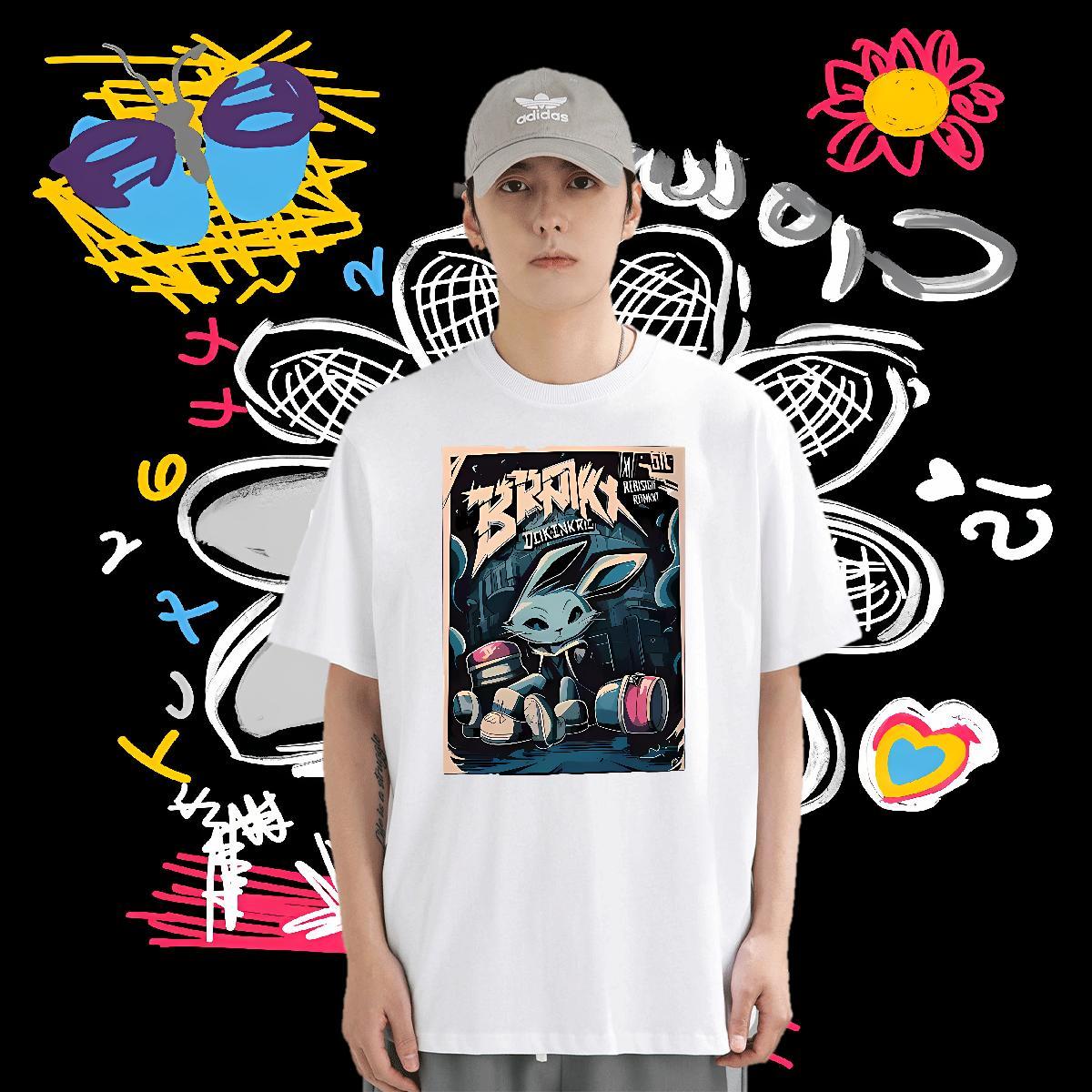 Man T Shirts 230g Pure Cotton rabbit Anime Printing Street Breathable Crew Neck DIY Printed Tshirts New Loose Fit Clothes