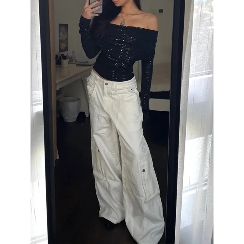 American Retro Multi-pocket Loose Casual Denim Cargo Pants Women Summer Streetwear Solid Color All Match Wide Leg Jeans 240806