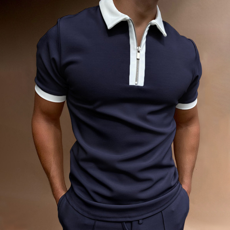 2023 Spring/Summer New Polo Zipper Color blocked Men's T-shirt Top