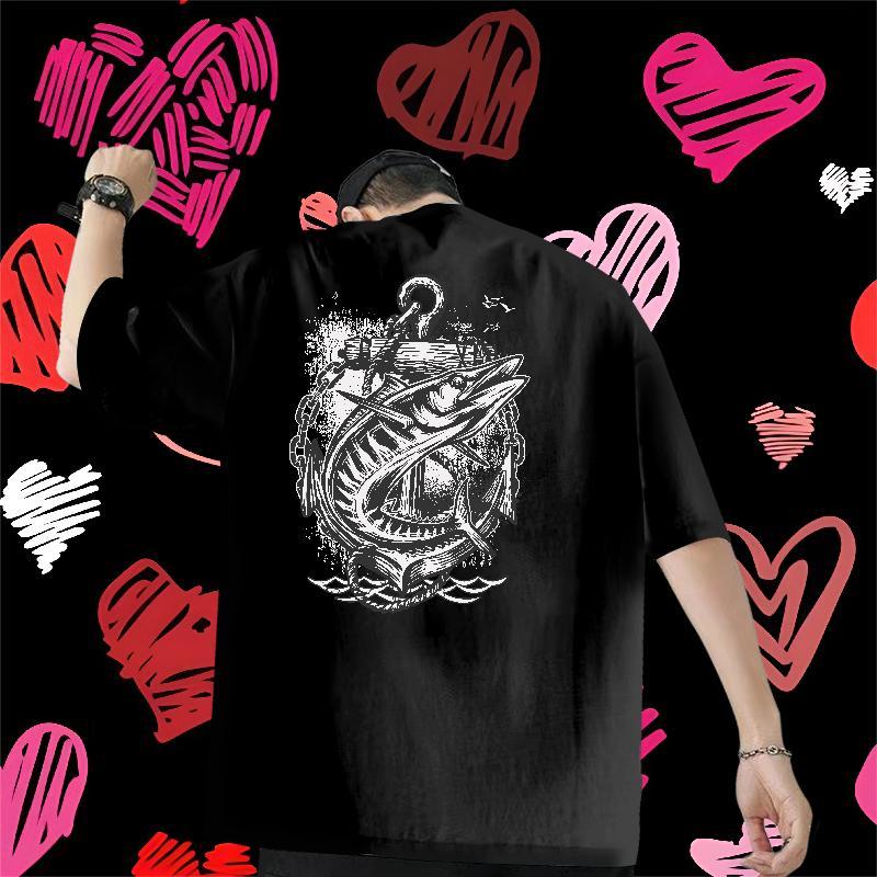 New Arrival T-Shirts for Men 230g Cotton fish High Street Hip Hop Tee Shirt Short Sleeve Soft Free Shipping Men Clothes T-Shirt Cartoon Printing L-4XL