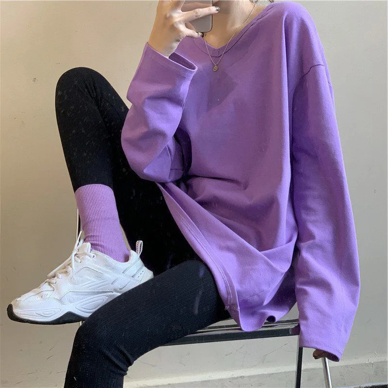 Summer womens Fashion Top Korean O-neck long sleeve purple T-shirt 240806