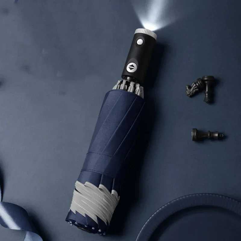 Fully Automatic Reverse Folding Umbrella With LED Flashlight 10Ribs Windproof Reflective Stripe UV Umbrellas For Sun Or Rain DayXJ240806