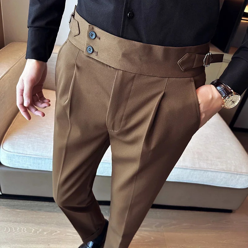 Autumn Winter High Waist Business Dress Pants Men Casual Belt Design Slim Suit Formal Wedding Social Party Male Trousers 240806