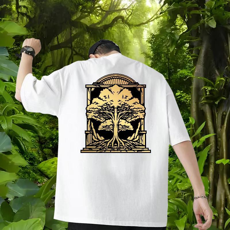 Factory Direct T Shirts Men 230g Pure Cotton tree Anime Printing Street Tees Shirts Crew Neck Breathable Loose Fit Tshirt for Man Woman Asian Size