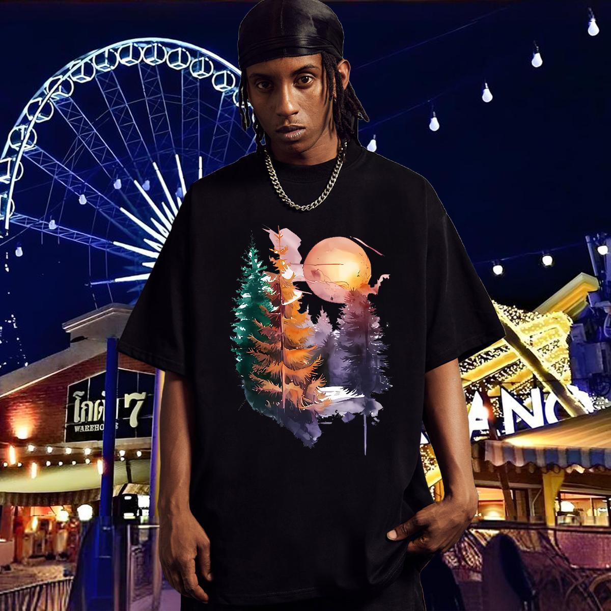 2024 T Shirt For Man 230g Cotton tree Street Tops Shirt O Neck Short Sleeves Loose Fit Couples T Shirts White Plus Size