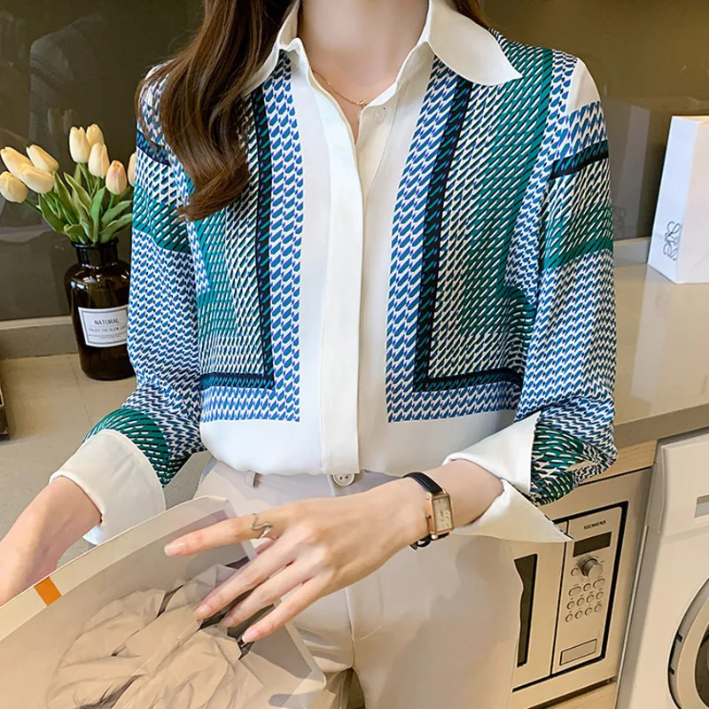 #3160 Spring Autumn Office Shirt Women Turn-down Collar Slim Fit Chiffon Womens Tops And Blouses Elegant Office Blouse Femme 240806