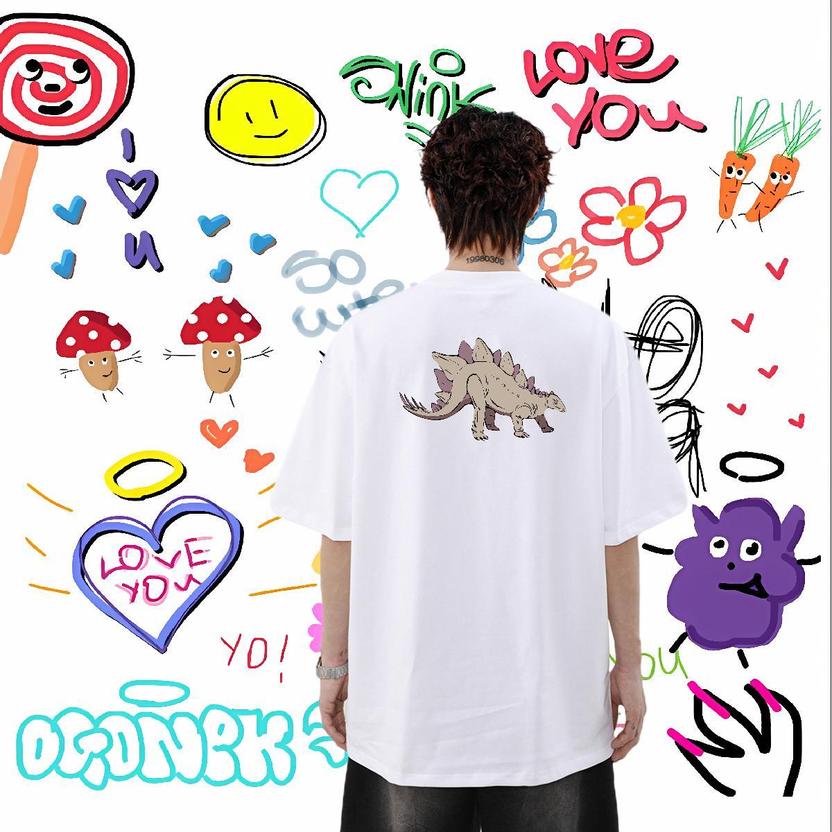 Designer Fashion Mens T Shirts 230g Pure Cotton dinosaur Hip Hop Street Clothes Breathable Brand Men Tees Custom Cartoon