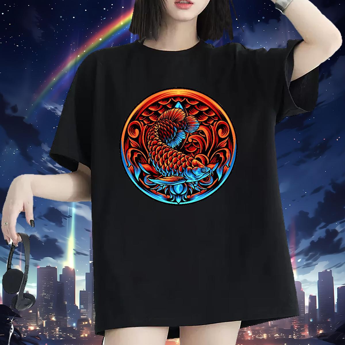 High quality T-Shirts O-Neck Short Sleeve Lady T shirt Cartoon Printing L-4XL Gold fish Casual Sport 230g Pure Cotton 2024 Designer Clothings