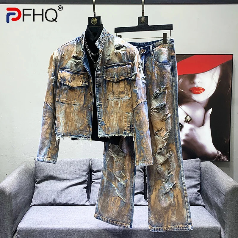 PFHQ Street Clothing Mens Denim Jacket Set Heavy Industry Wear High Quality Versatile Original Edge Avant garde Jeans Autumn 21Z2929240806