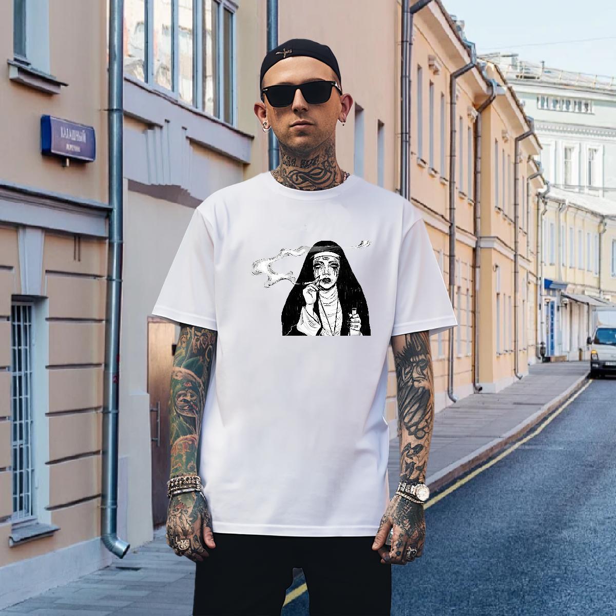 T-Shirts for Men 230g Pure Cotton nun Street wear Hip Hop Breathable Short Sleeve Cartoon Printing L-4XL Mens Tshirts Fashion Designer Wholesale Tees