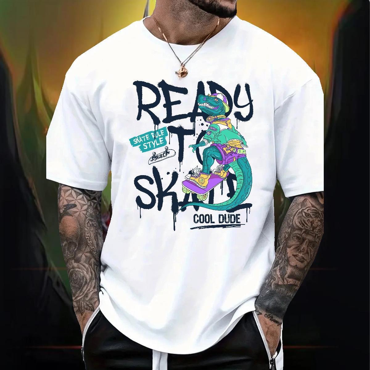 Classic Casual T-Shirts for Men 230g Cotton dinosaur Street Tee Shirt Breathable Short Sleeve Unisex Men Tees Black White
