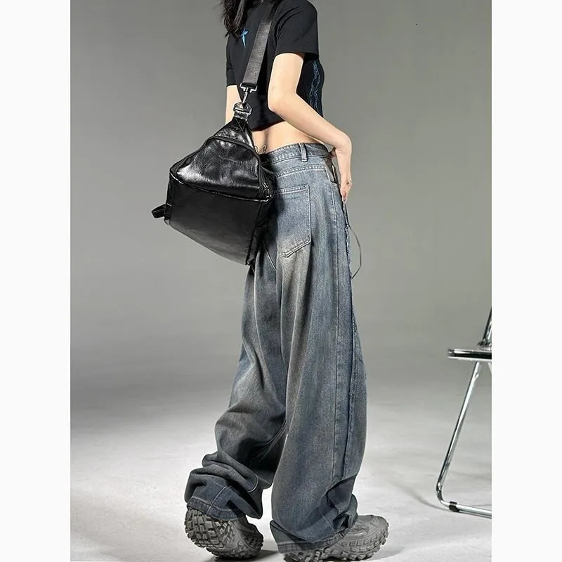 American Fashion Letter Embroidered Baggy Jeans Women Y2K High Street Harajuku Vintage Gothic Straight Versatile Mop Pants 240806