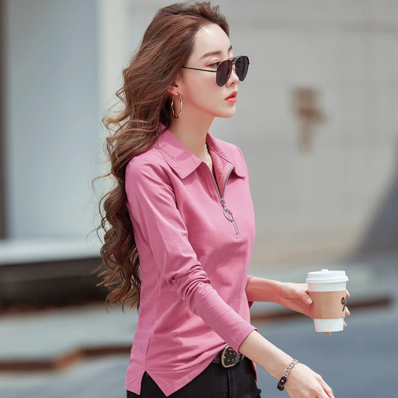 Korean style cotton polo shirt for women fashionable long sleeved candy colored zipper lapel polo shirt 240827