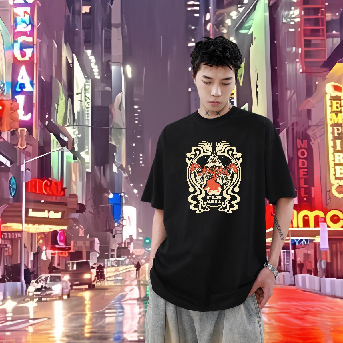 Factory Direct T Shirts Men 230g Pure Cotton mushroom Street wear Hip Hop Tees Short Sleeve O-Neck Unisex Couples T Shirts Black White