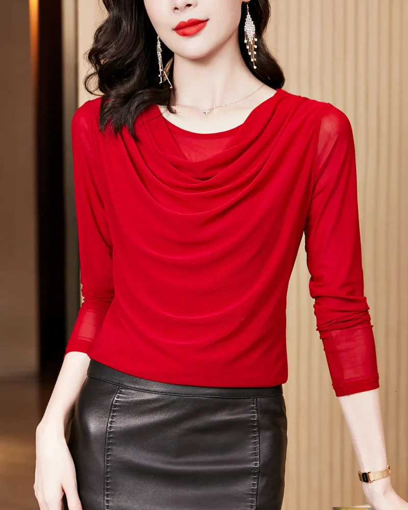 O Neck Mesh Tees Tops Women Long Sleeve T Shirts Solid Color Autumn T-Shirts Women Fashion Clothing 240806