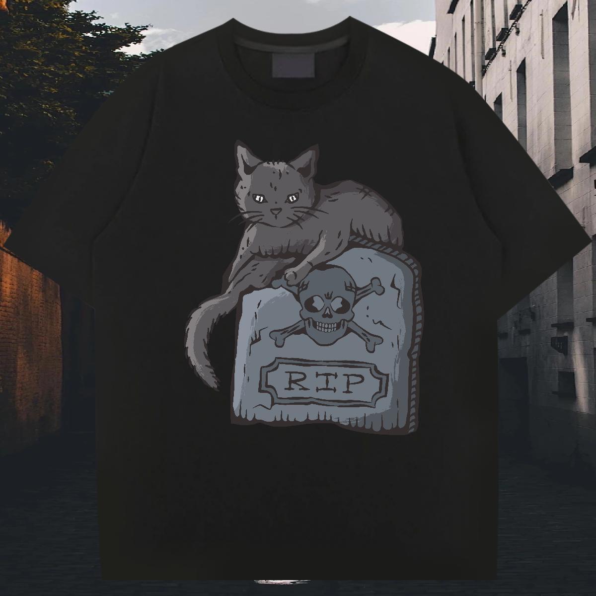 Classic Men Tees 230g 100% Cotton Street wear Hip Hop cat Cartoon Printing L-4XL Pure Cotton 2024 DIY Mens T Shirts Polos
