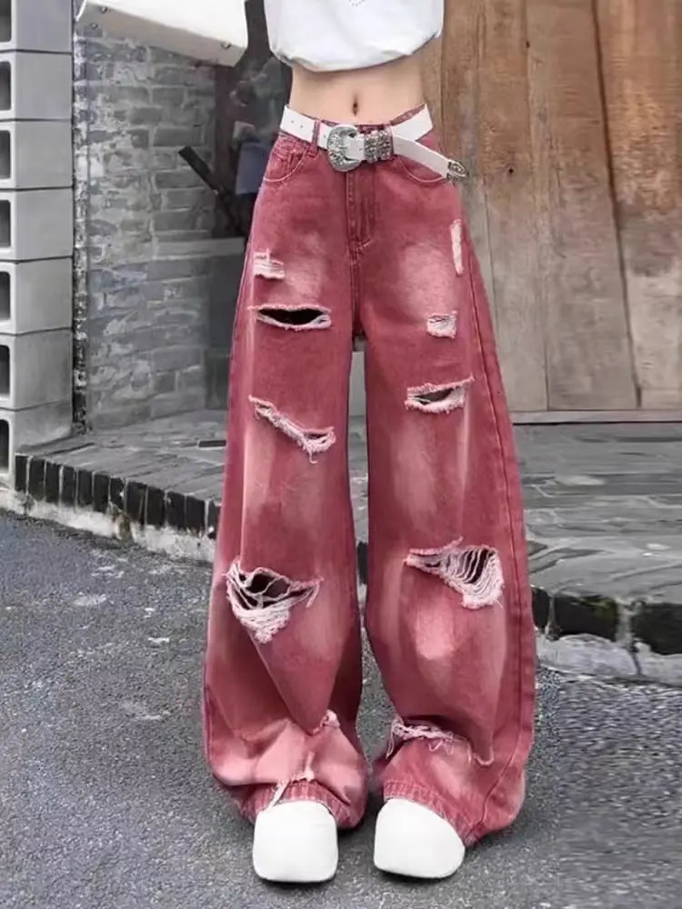 Womens Pink Y2k Ripped Cargo Jeans Harajuku Denim Trousers Aesthetic Y2k Jean Pants Vintage Japanese 2000s Style Trashy Clothes 240806