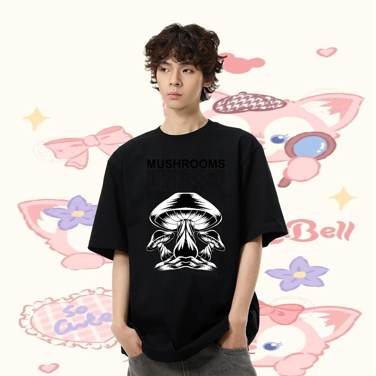 Casual New T-Shirts for Men 230g Cotton mushroom Hip Hop Street Wear Breathable Crew Neck Soft Mens Tshirts Custom Print Oversized