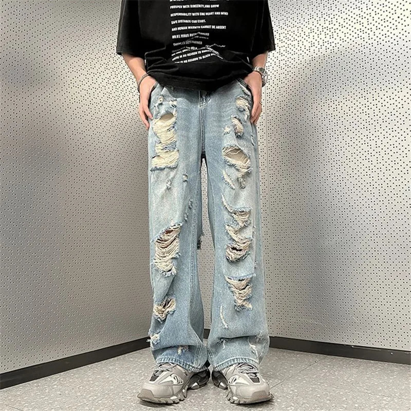 High Street Ripped Jeans Mens Clothing Solid Color Y2K Wide Leg Pants Spring Summer Button Pocket Loose Trousers A048 240806
