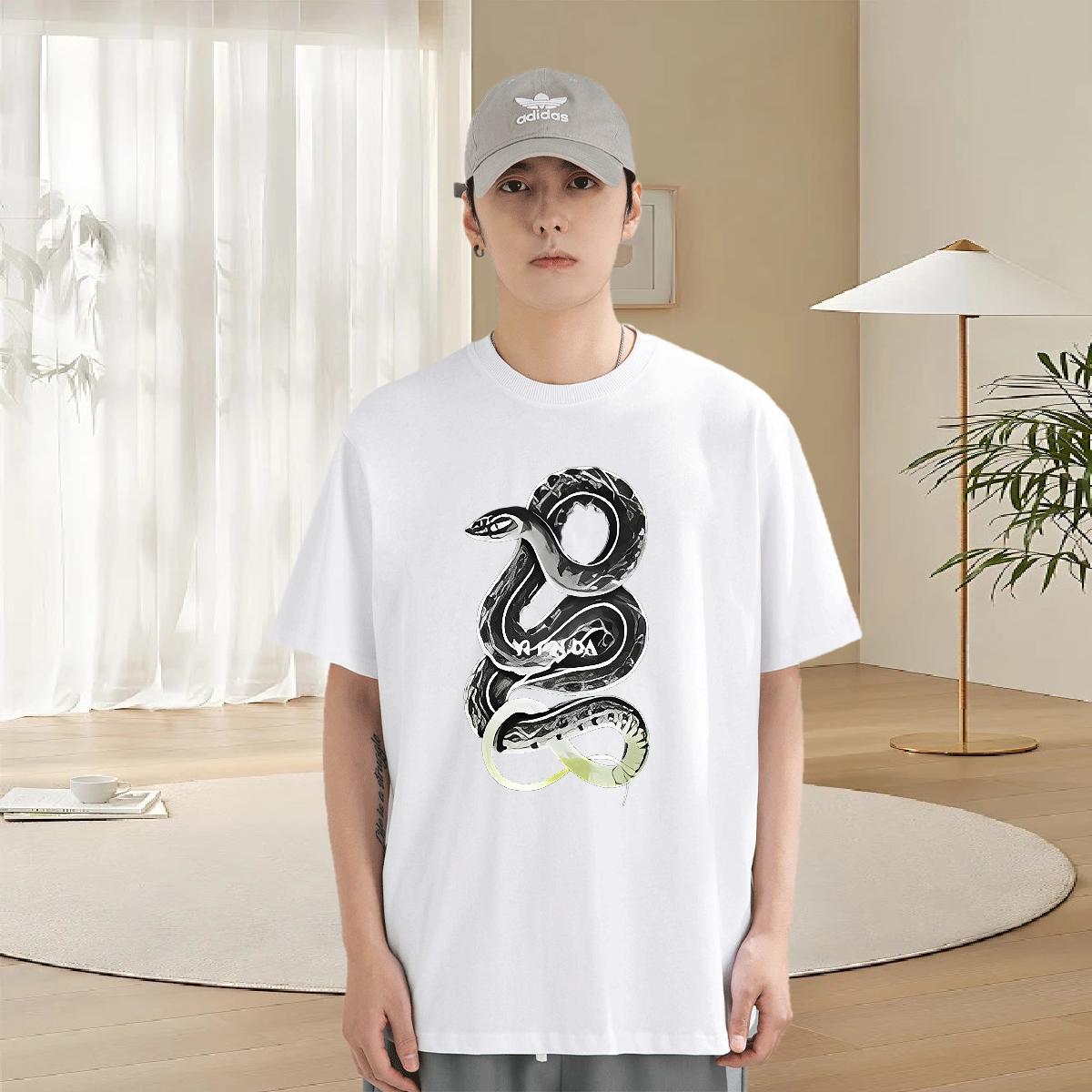 Brand Men Tshirts 100% Cotton 230g Summer Casual snake Black White Pure Cotton Fashion Design T-Shirts Clothes