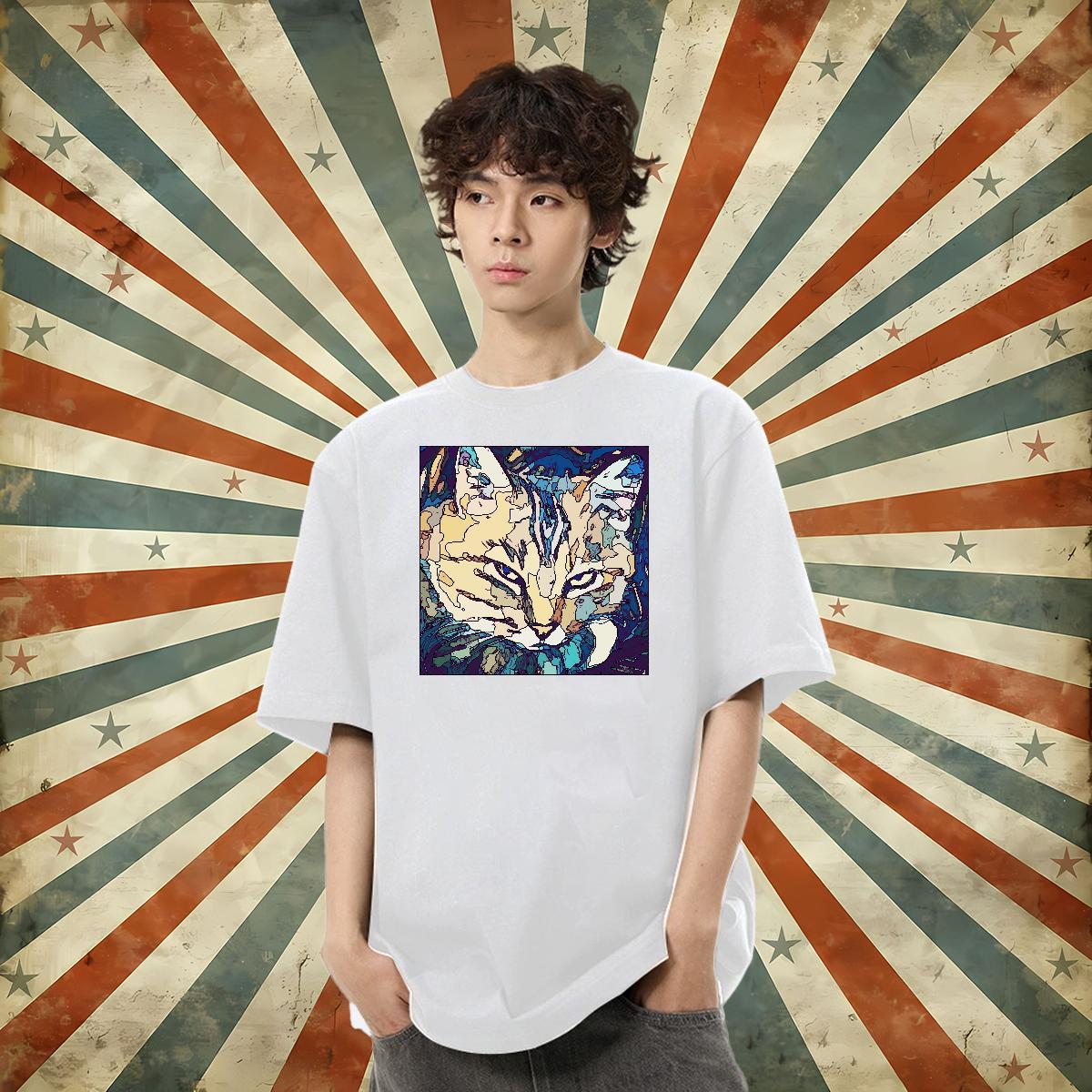 Fashion Casual Men T Shirts 230g 100% Cotton cat Street Tees Round Neck Short Sleeve Loose Fit Men Tees Custom Print Plus Size