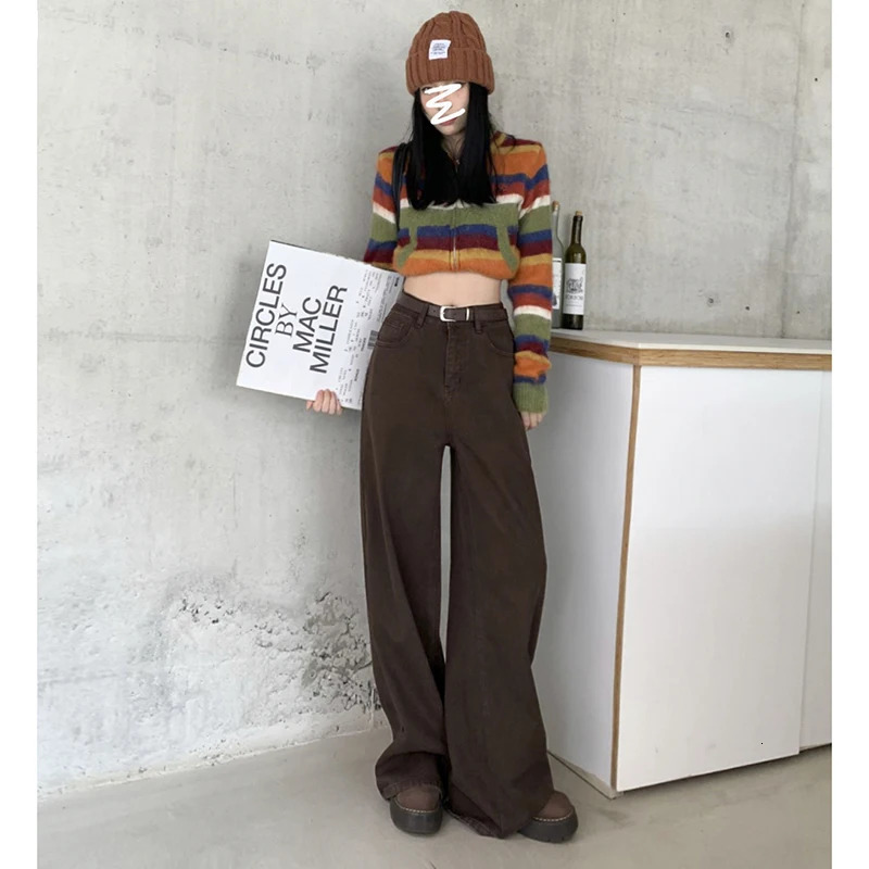 WCFCX STUDIO Womens High Waist Wide Leg Jeans Autumn Winter Vintage Straight Leg Pants Fashionable Floor Mopping Jeans 240806