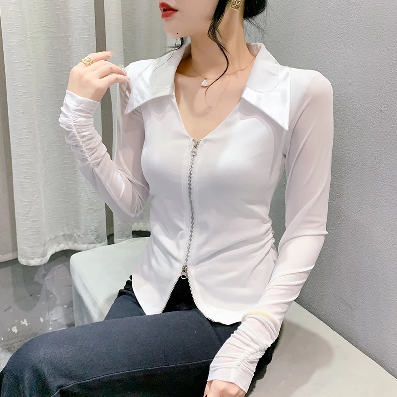 Spring European Clothes T-Shirt Chic Spliced Sexy Zipper Cardigan Womens Tops Long Sleeve Bottoming Shirt Tees 4 240806