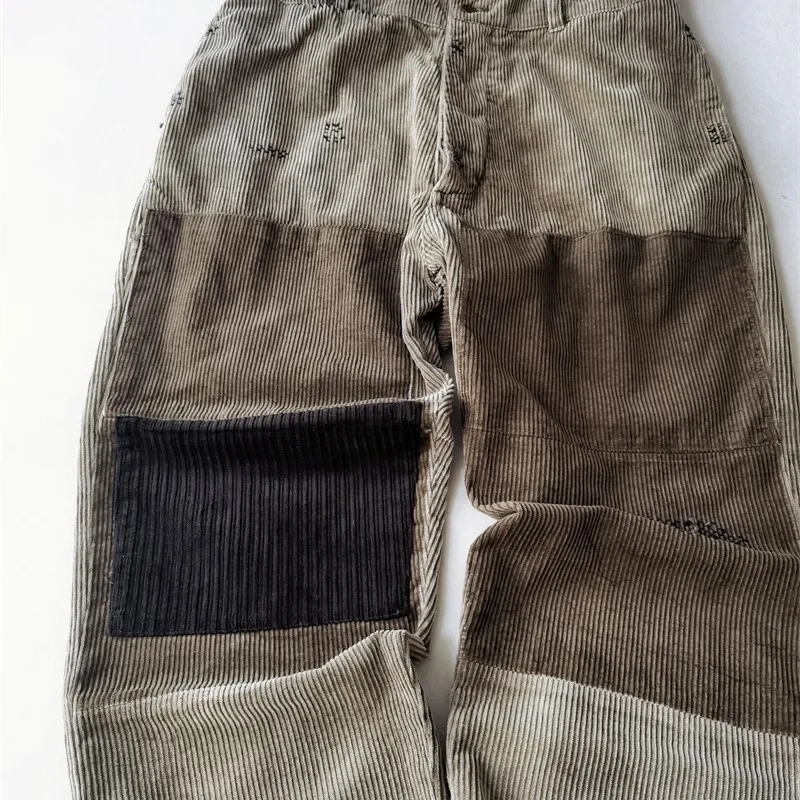 Corduroy Overalls Washed Patch Casual Pants for Men 240806