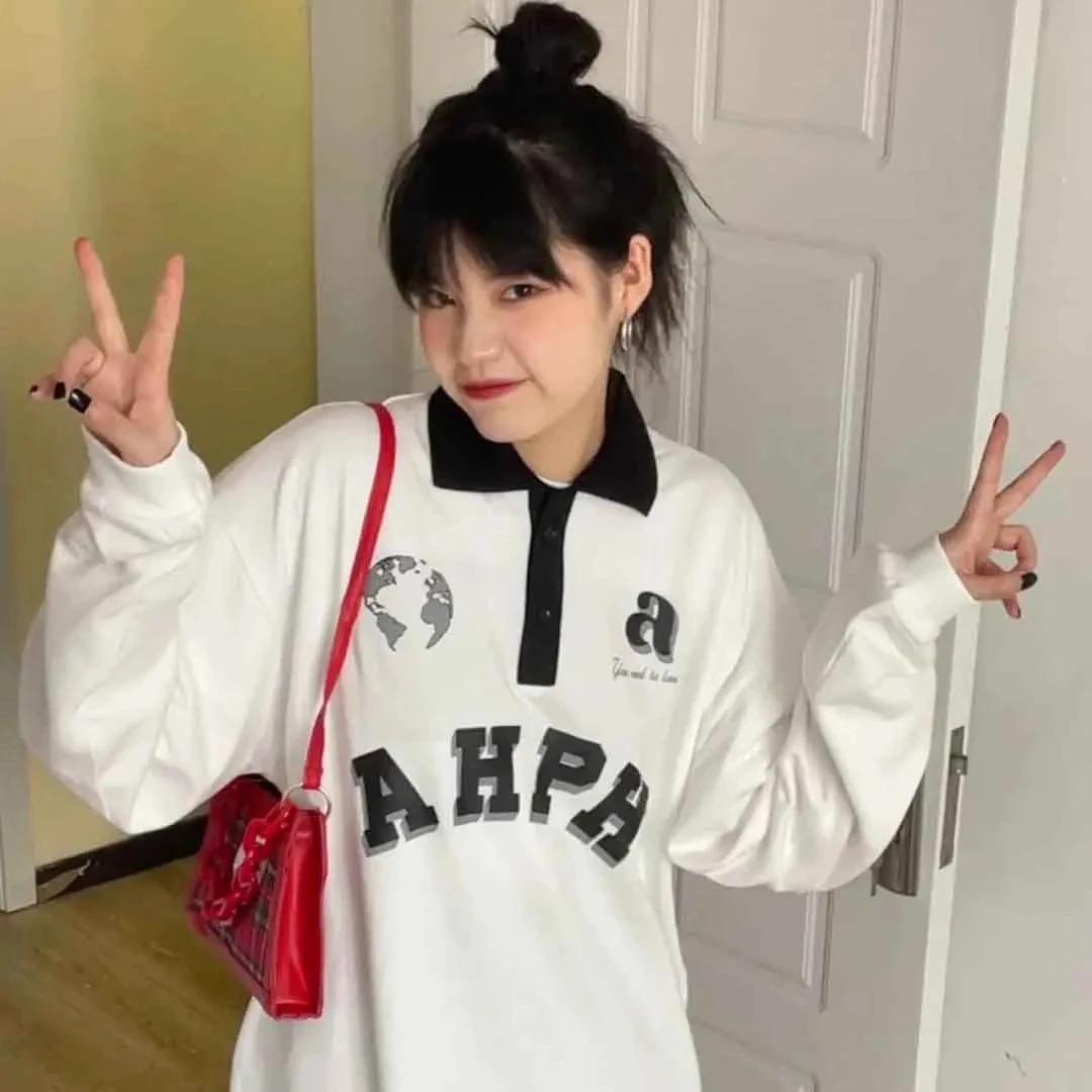 Harajuku style letter printed womens zipper Y2k white fully matched womens polo shirt campus style fashionable long sleeved sports top 240827