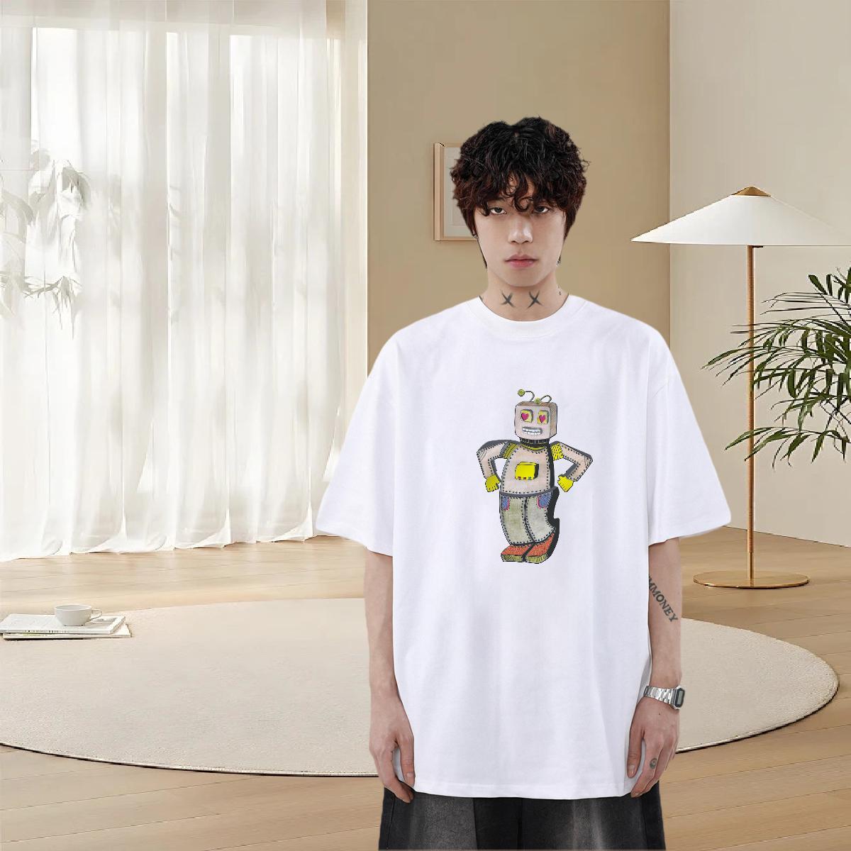 Unisex Men Tees 230g 100% Cotton Spring Summer robot Cartoon Print Breathable Short Sleeve Classic Casual T Shirt For Man Tee Shirt