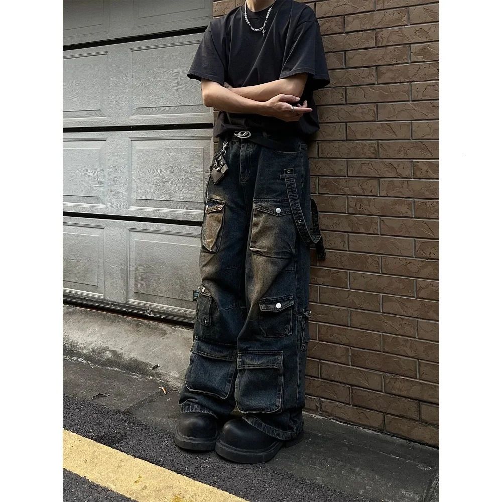 American Retro Yellow Mud Color Multi-pocket Cargo Jeans Mens and Womens Loose Straight Leg Hip Hop Pants Baggy Jeans 240806