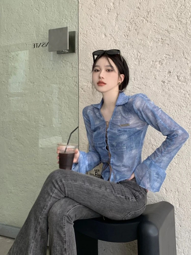 summer slim lace cardigan American retro blue lapel collar top womens Y2k Grunge long sleeved Blusas Mujer 240827
