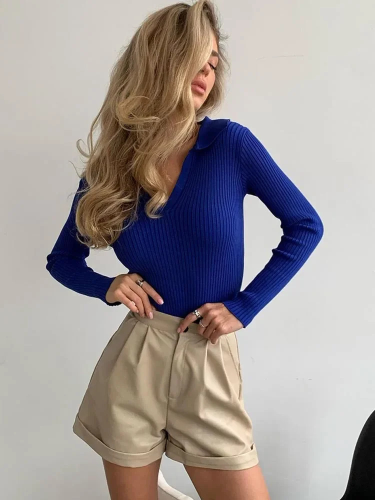 Womens Jumper Long Sleeve Top Knit Pullovers Polo Neck Spring Summer Solid White Blue Orange Slim Fashion Women Sweaters 240806