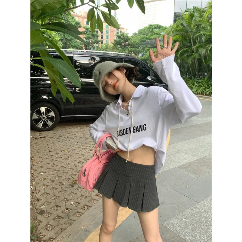 Korean Streetwear Y2k Crisscross Polo T-shirt Womens Harajuku Retro Letter Printed White T-shirt Casual Long Sleeve T-shirt 240827