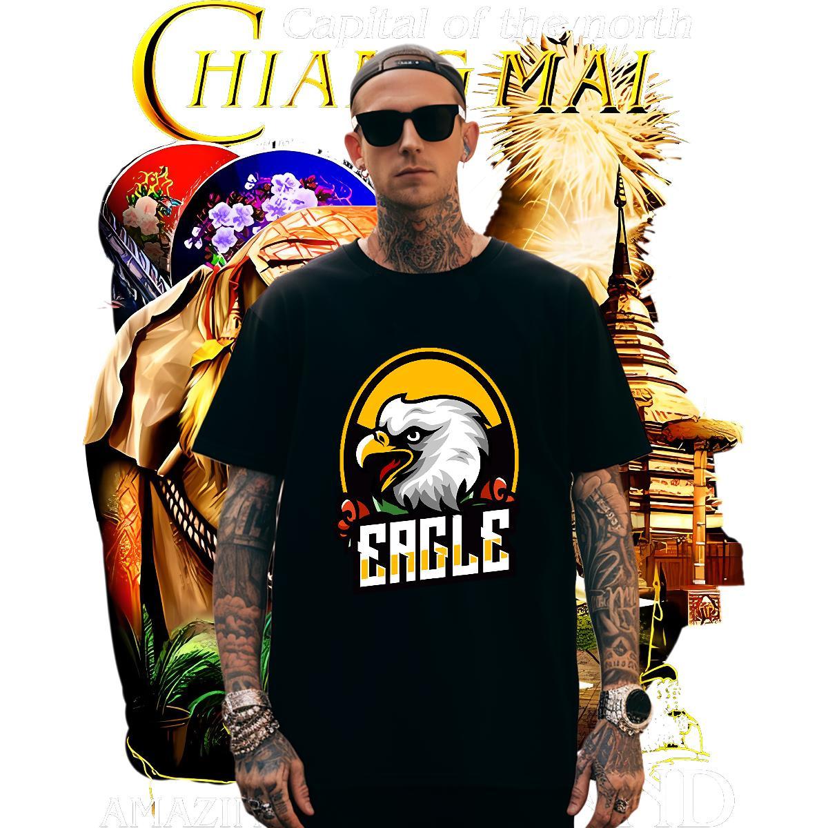 Loose Men Tees 230g 100% Cotton eagle Men T Shirts Hip Hop Crew Neck DIY Printed Fashion Casual Tee Shirt