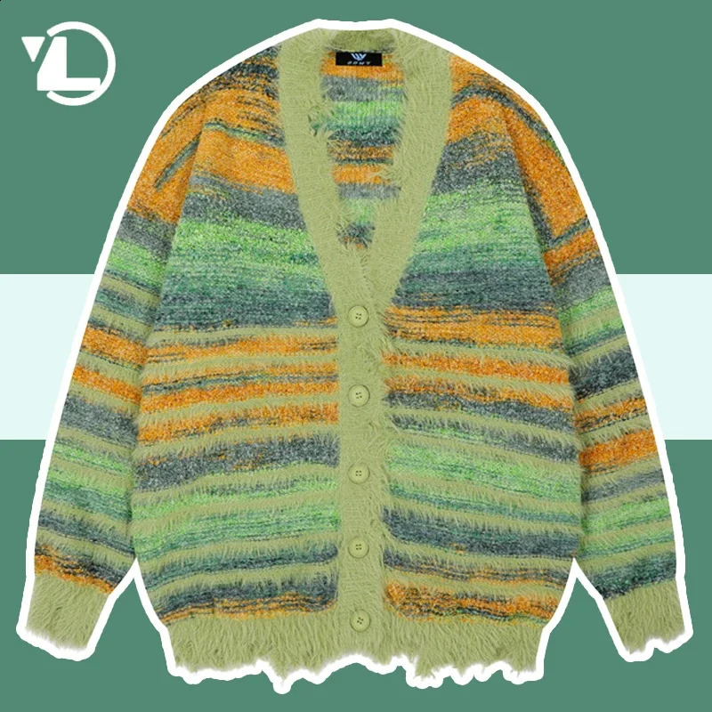 Winter Irregular Knitted Sweaters Man Loose Stripe Cardigan Color Block Oversized Sweater Woman Y2K Harajuku Knit Coats Tops 240729