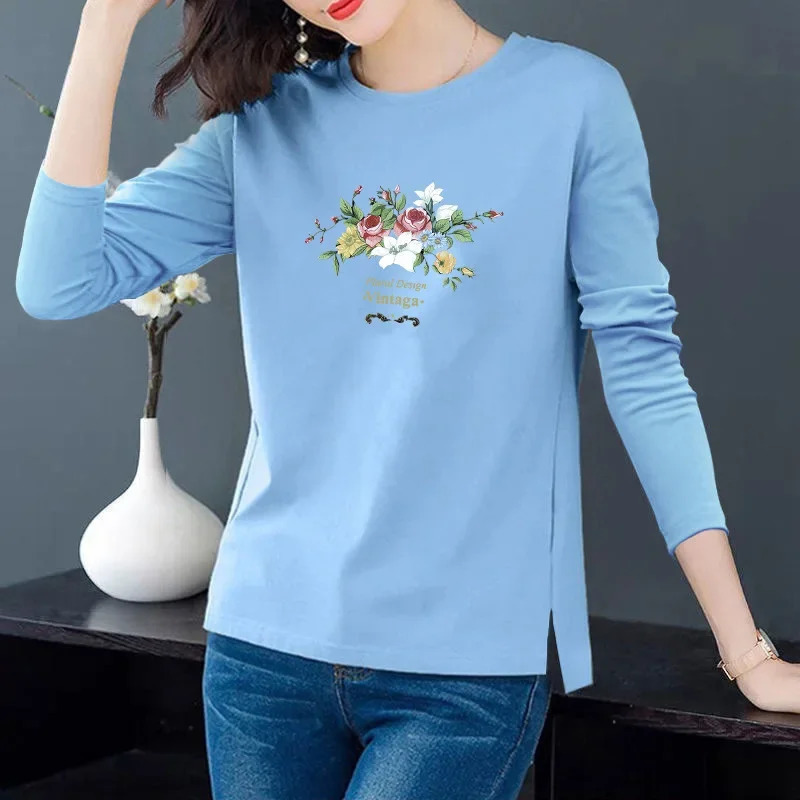 100 Cotton Spring Fashion Versatile Long Sleeve Round Neck Slim Fit Casual Base Shirt Women T-shirt 240806