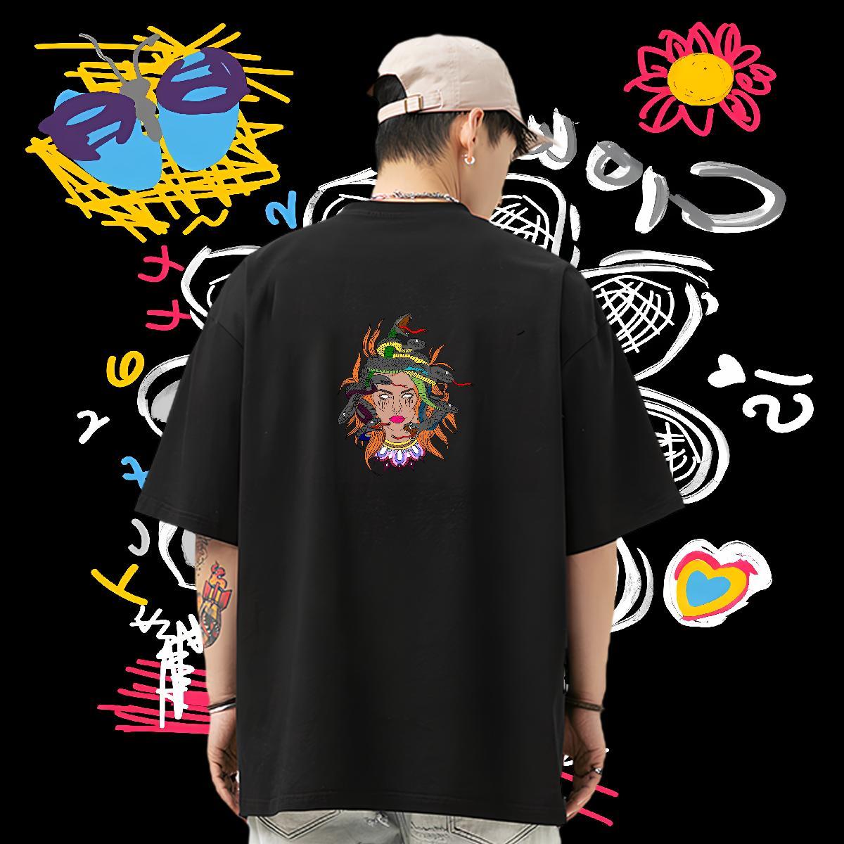 Brand T-Shirts for Men 230g Pure Cotton snake Anime Printing Street Top Tees Breathable Crew Neck Loose Fit Mens Tshirts Plus Size Custom