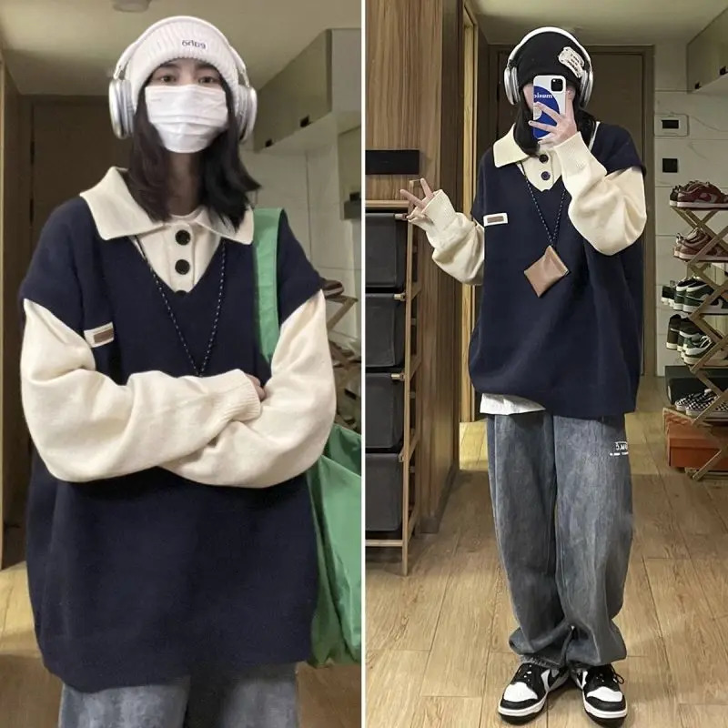 Polo Collar Women Vintage Patchwork Pullovers Y2K Harajuku Autumn Winter Female Loose Warm Knitted Sweaters 240806