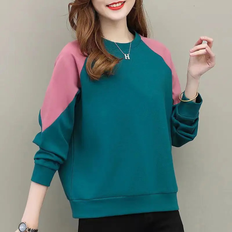 Spring and Autumn Colored Contrast Round Neck Long Sleeve Pullover Sweater Letter Fashion Casual Formal Office Lady Tops 240806