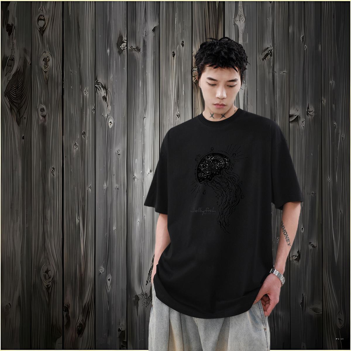 2024 New T-Shirts for Men 230g 100% Cotton jellyfish Hip Hop Clothings Pure Cotton Cool Men Tops Tees Black White